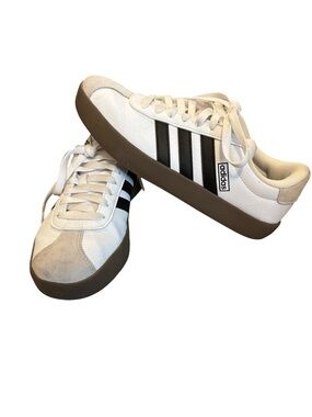 adidas White Sneakers with Black Stripes and Brown Sole
